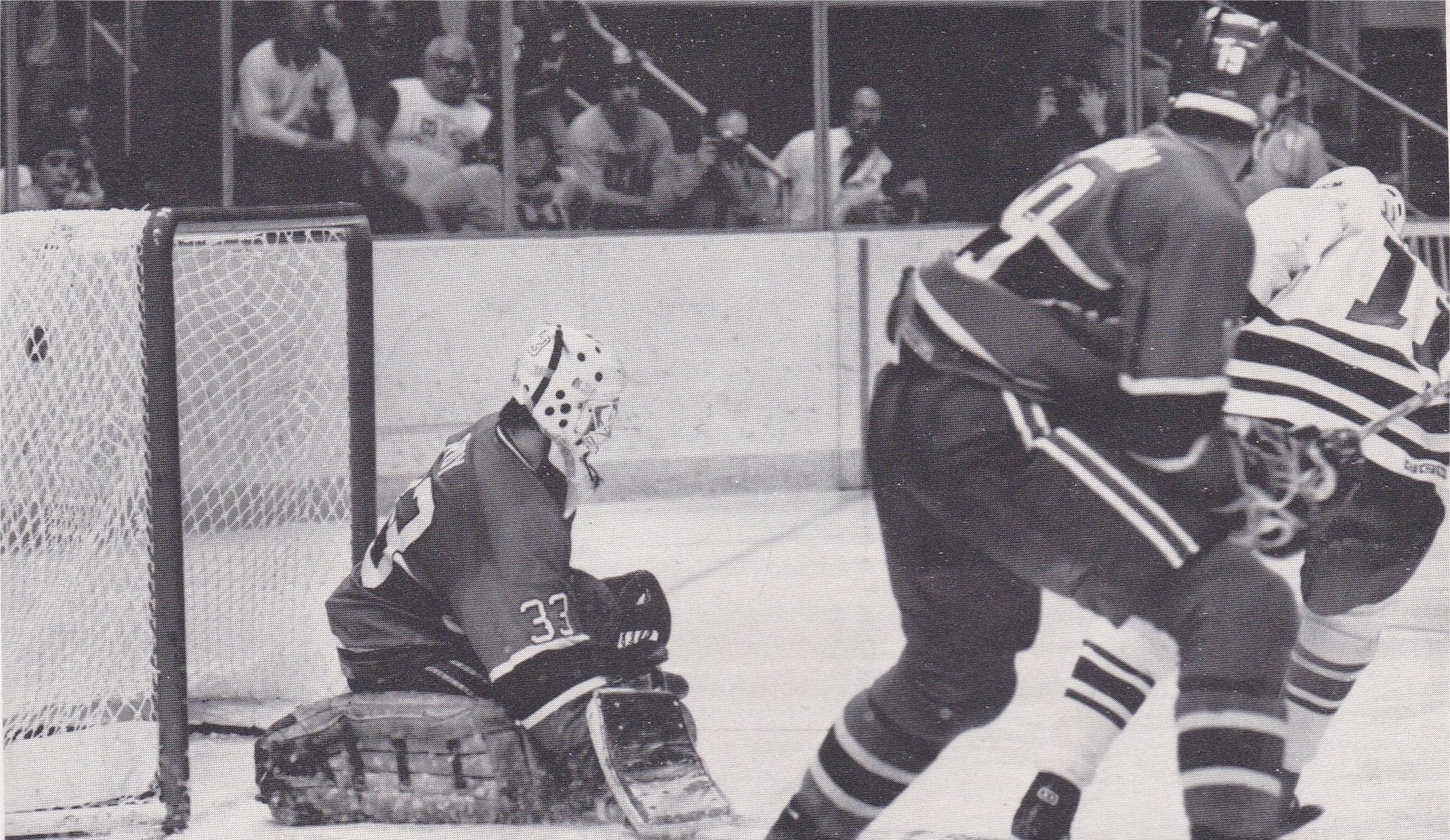 Kevin Dineen beats Patrick Roy for the OT game winning goal in game four of the 1986 Adams Division Finals