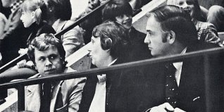 Howard Baldwin watches a game with Governor Ella Grasso and Senator Lowell Weicker